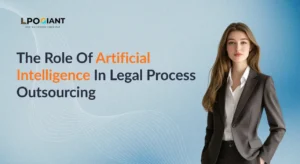 AI in legal process outsourcing showing professional paralegal with technology-driven legal services