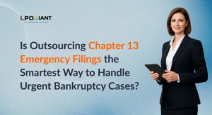 Professional attorney with tablet representing outsourced Chapter 13 emergency bankruptcy filing services by LPO Giant