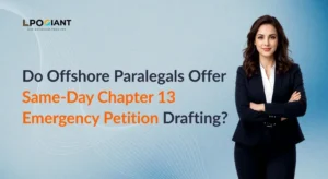 Offshore paralegal drafting a same-day Chapter 13 emergency petition to stop foreclosure for a U.S. bankruptcy attorney