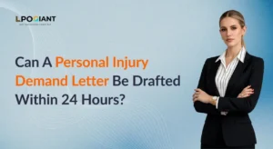 A professional woman in business attire standing next to text asking if a personal injury demand letter can be drafted within 24 hours by LPO Giant.