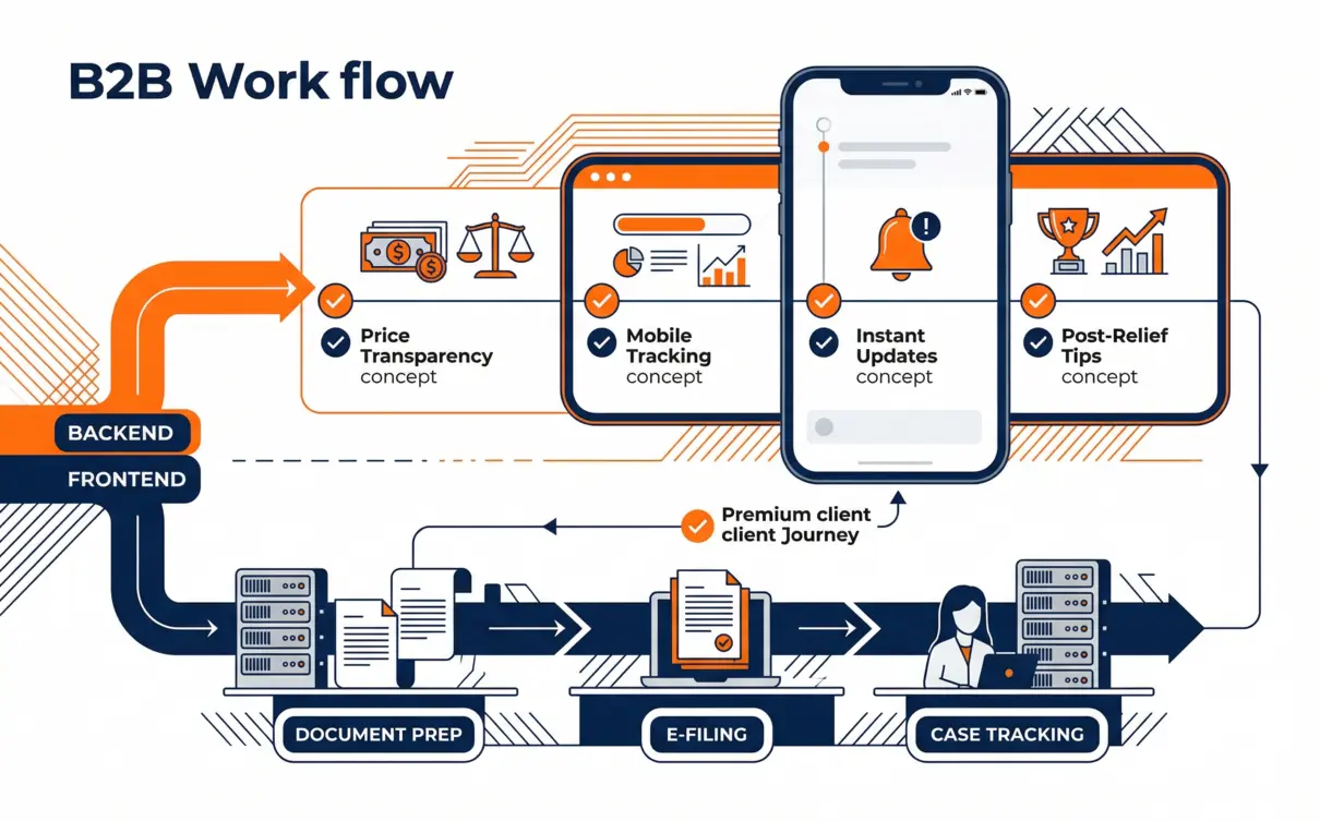 A technical workflow diagram showing automated backend legal processing powering a premium frontend client experience.