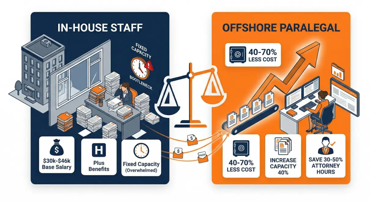 Comparison infographic contrasting "In-House Staff" with "Offshore Paralegal" services, using scales to weigh cost savings, capacity increase, and efficiency benefits against fixed capacity bottlenecks.