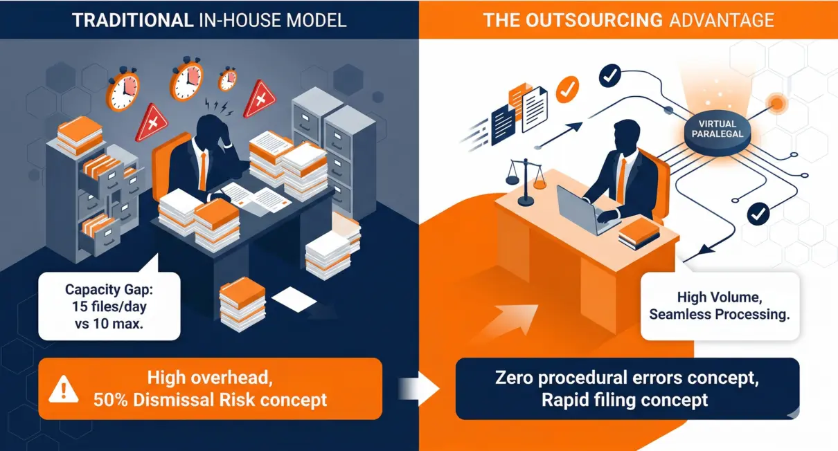A side-by-side comparison of inefficient in-house legal processing versus high-volume outsourcing with virtual paralegals.