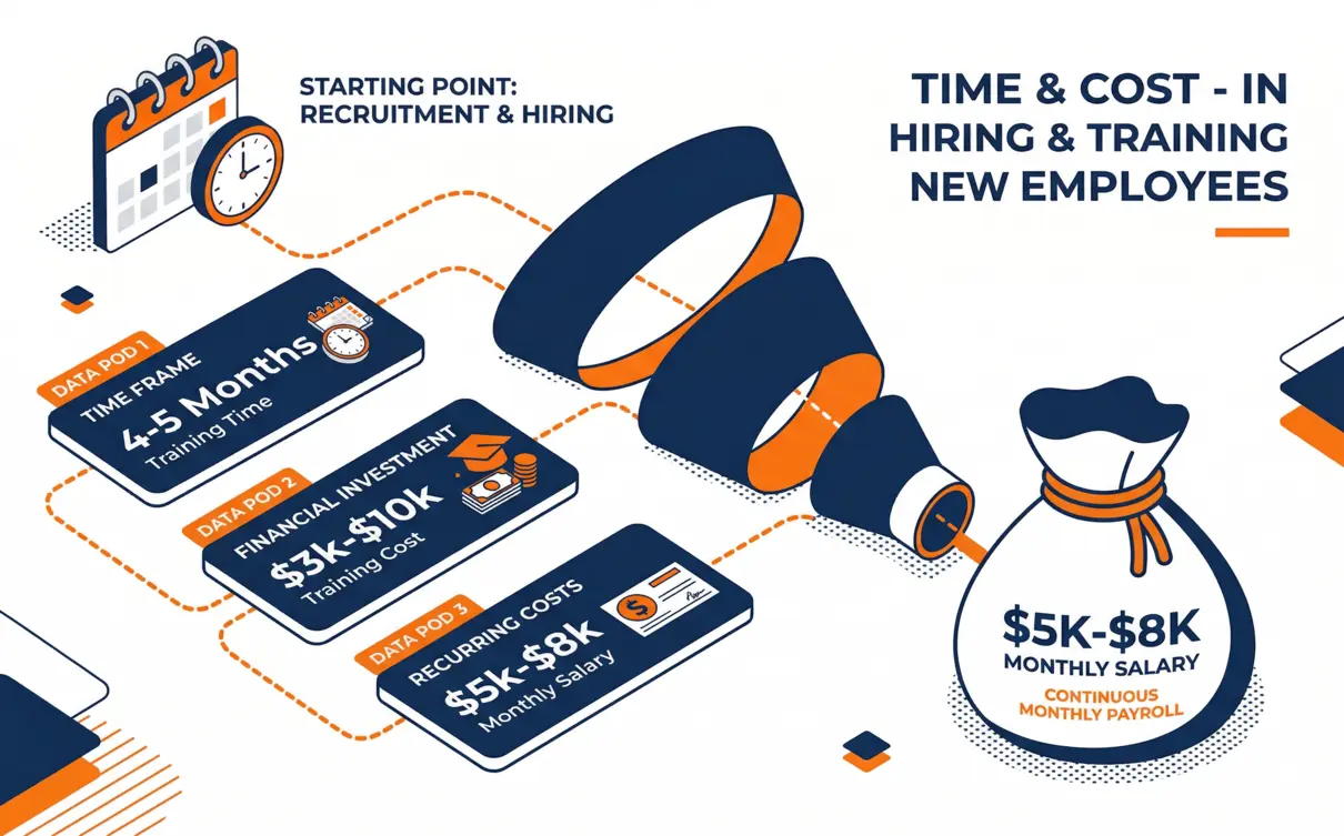 Detailed infographic showing a financial funnel of the time frame and financial investment involved in recruiting and training new employees, with data points on months, training costs, and recurring monthly salary.