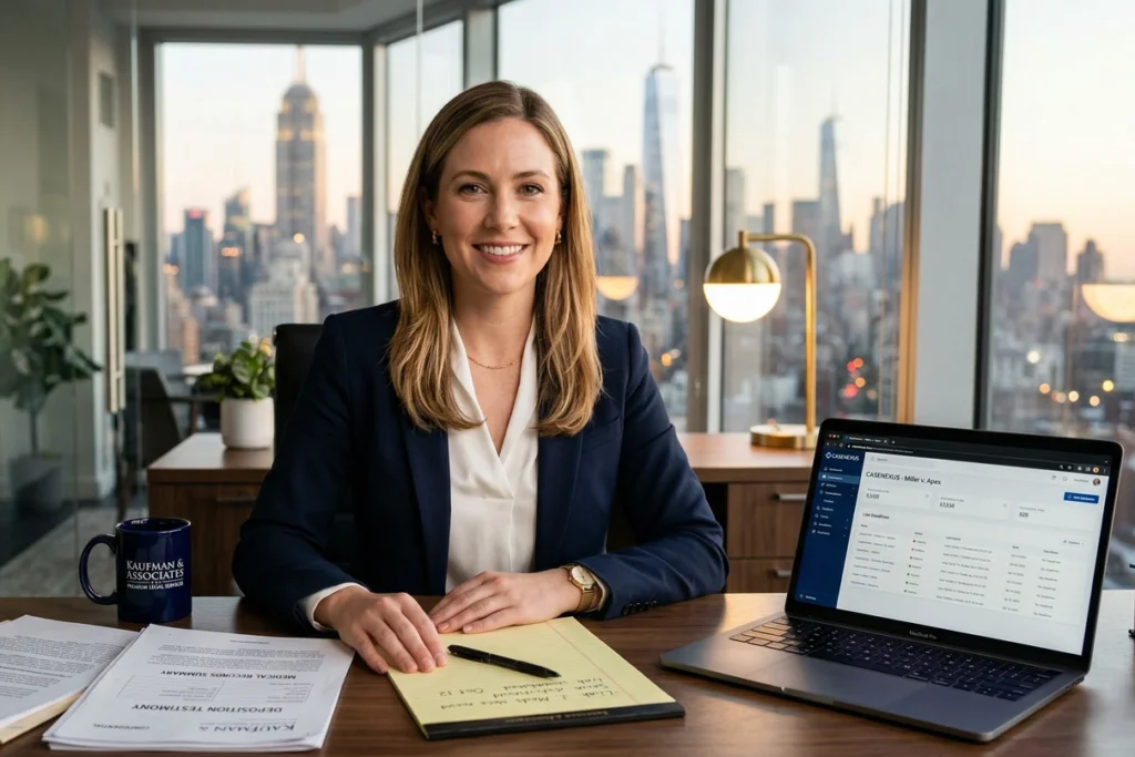 New York personal injury paralegal reviewing PI case files and demand letters for a law firm