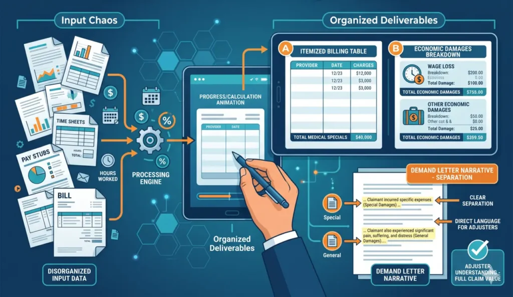 Digital dashboard illustrating medical specials billing tables, wage loss calculations, and the separation of special and general damages for insurance adjusters.