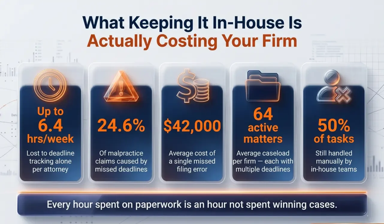 Infographic showing hidden costs of in-house legal work including missed deadlines and overhead savings with virtual paralegals.