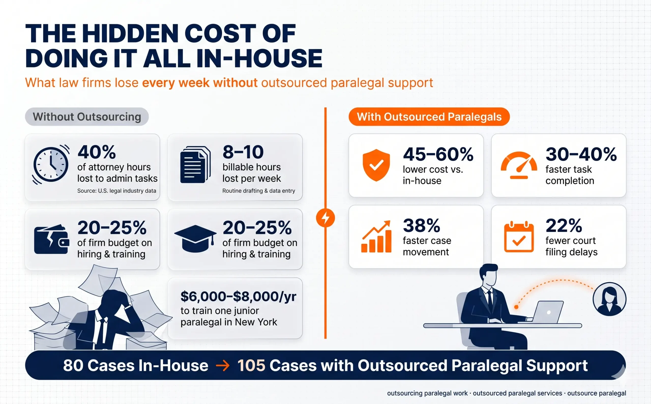 Infographic showing hidden costs of in-house paralegal work vs outsourced paralegal services for U.S. law firms — attorney hours lost, hiring costs, and case capacity gains