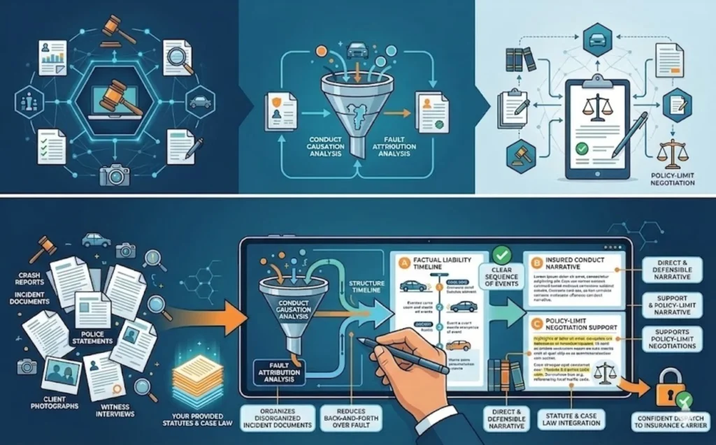A visual representation of a factual liability narrative including crash report analysis, fault determination, and integration of relevant statutes and case law.