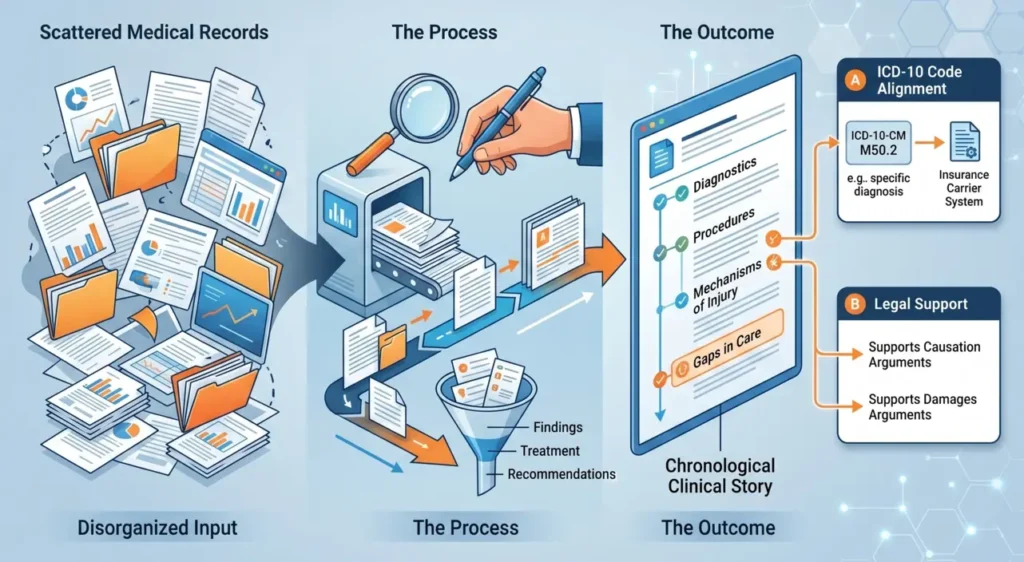 Infographic showing a chronological medical record summary for personal injury claims, featuring ICD-10 code alignment and highlighted gaps in care.