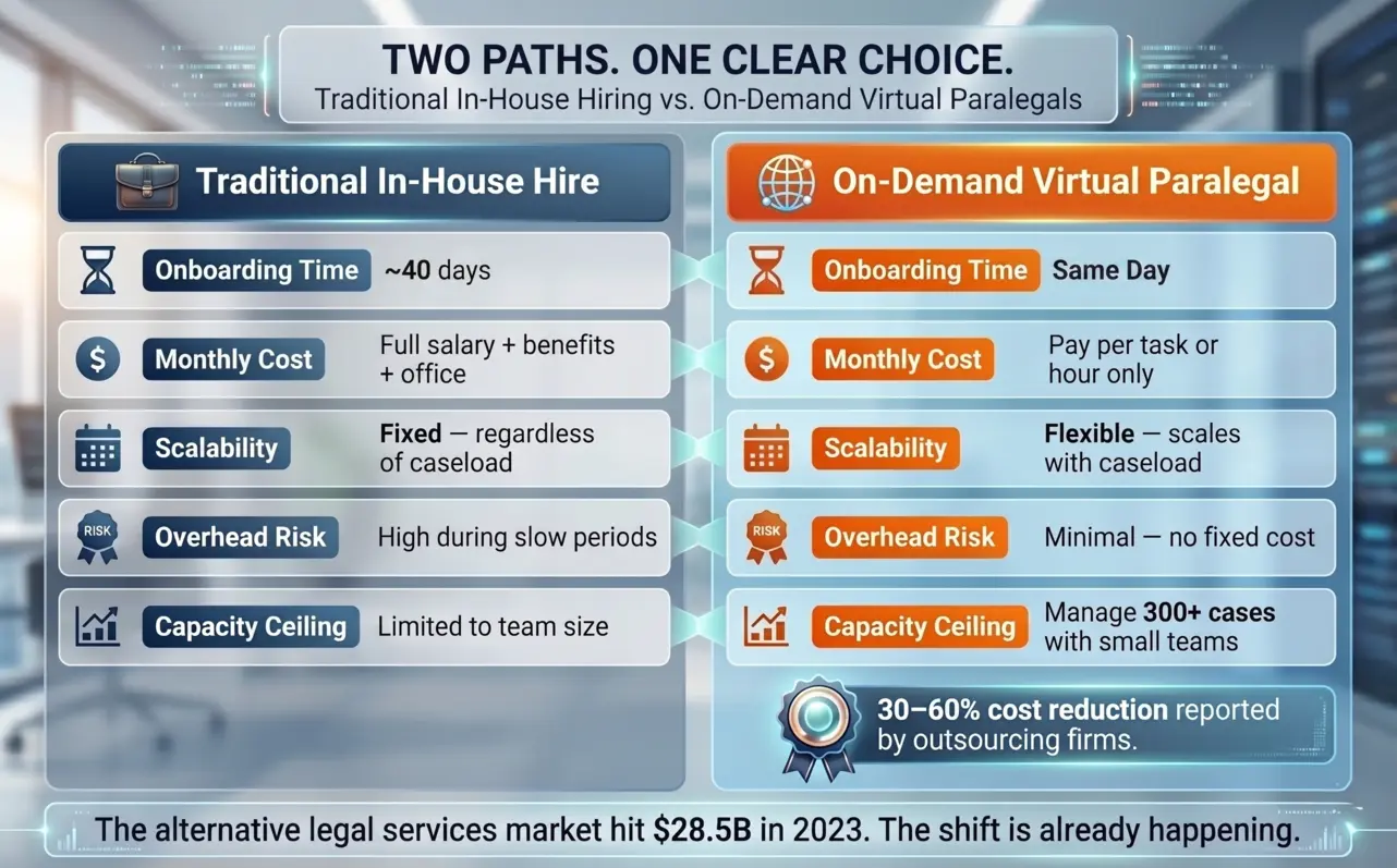 Comparison infographic of on-demand paralegal services versus traditional in-house hiring showing cost savings and scalability for law firms