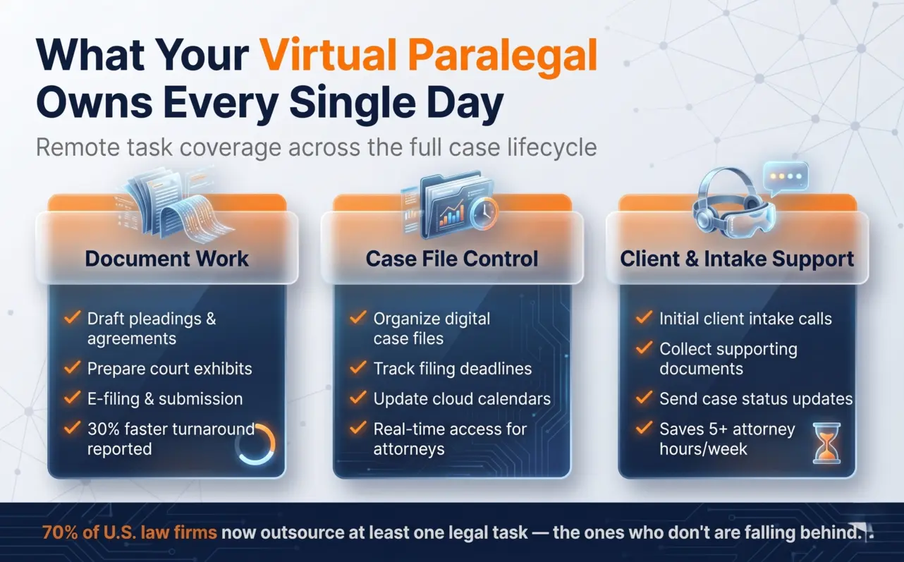 Infographic showing case management tasks handled by virtual paralegals including document drafting, file tracking, and client intake support