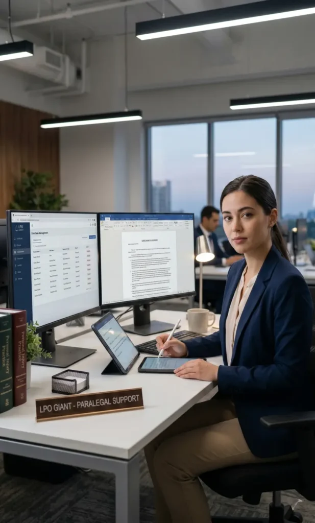A virtual paralegal manages legal documentation on dual monitors to support US law firms.