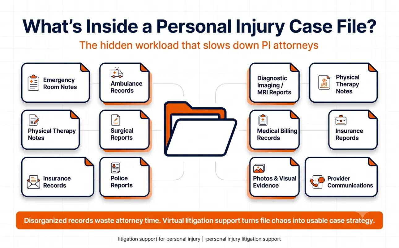 Eight-step workflow showing how virtual litigation support helps attorneys upload records, organize files, prepare chronologies, and review final packages.